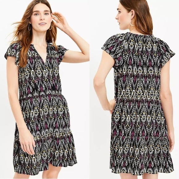 4 for $40 SALE! LOFT Ikat Tie Neck Tiered Mini Dress, Black Print, Size M - Picture 1 of 13
